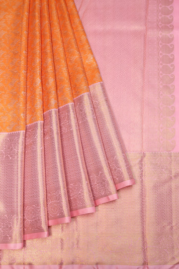 Orange Kanchipuram Silk Saree with Pink Gold Zari Border