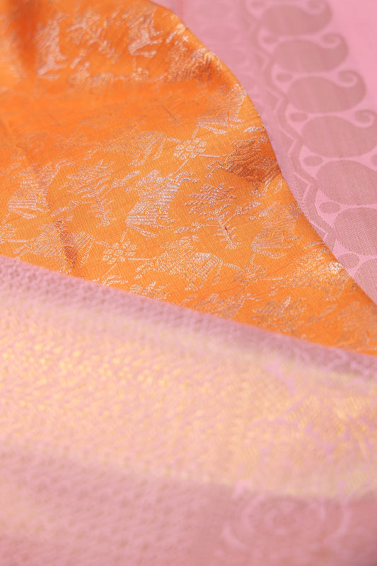 Orange Kanchipuram Silk Saree with Pink Gold Zari Border