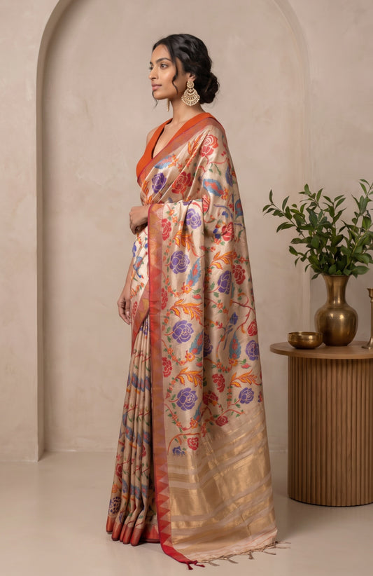 Beige Paithani Silk Saree with Floral Jamdhani Jaal