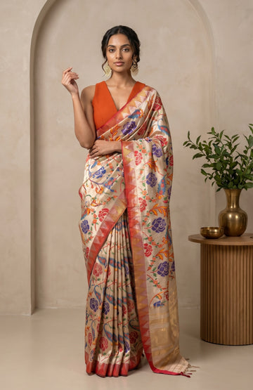 Beige Paithani Silk Saree with Floral Jamdhani Jaal