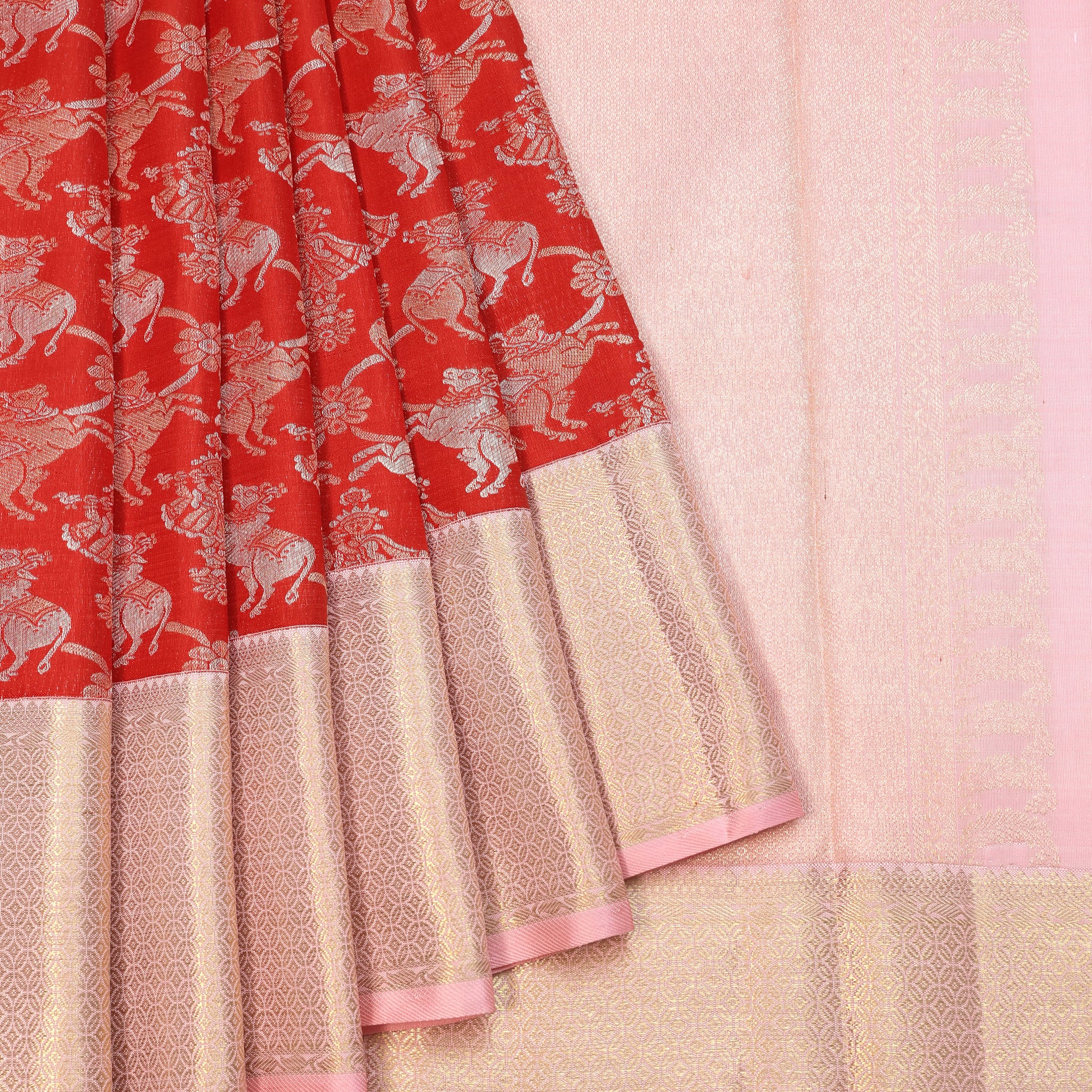 Red Kanchipuram Silk Saree with Light Pink Zari Border
