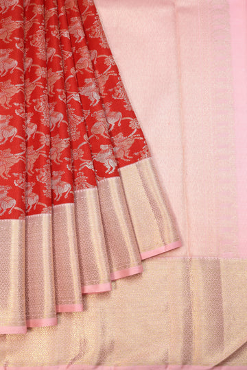 Red Kanchipuram Silk Saree with Light Pink Zari Border