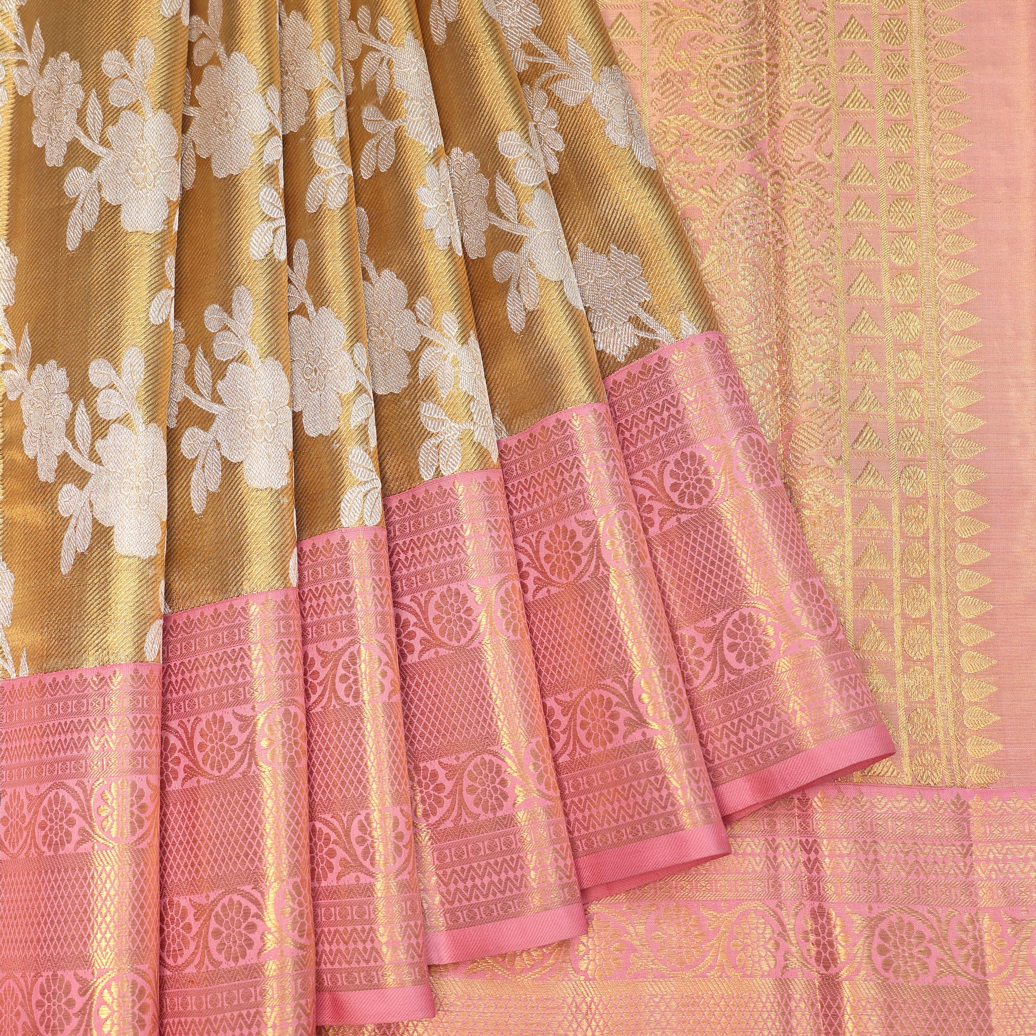 Gold Kanchipuram Tissue Silk Saree with Silver Zari Floral Creeper