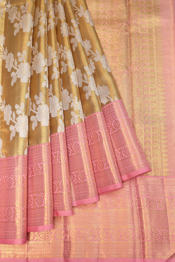 Gold Kanchipuram Tissue Silk Saree with Silver Zari Floral Creeper