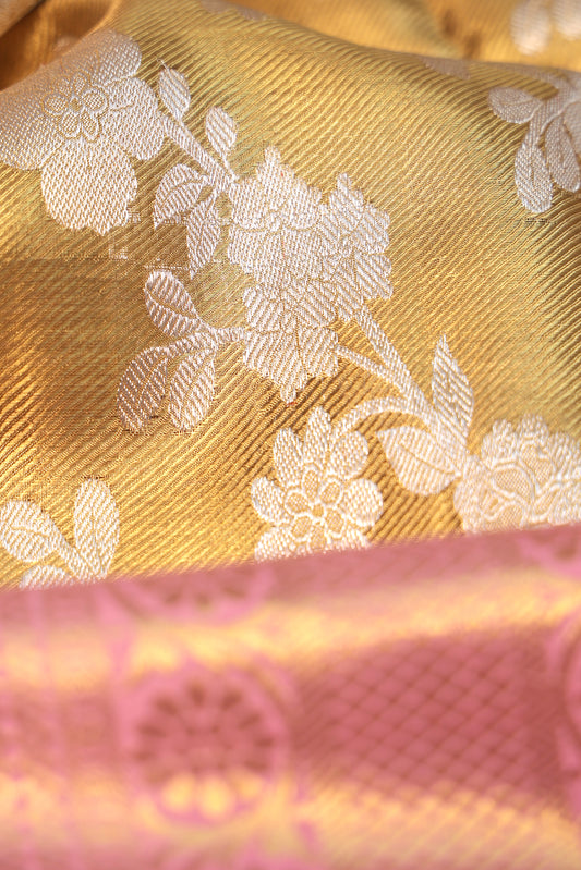 Gold Kanchipuram Tissue Silk Saree with Silver Zari Floral Creeper