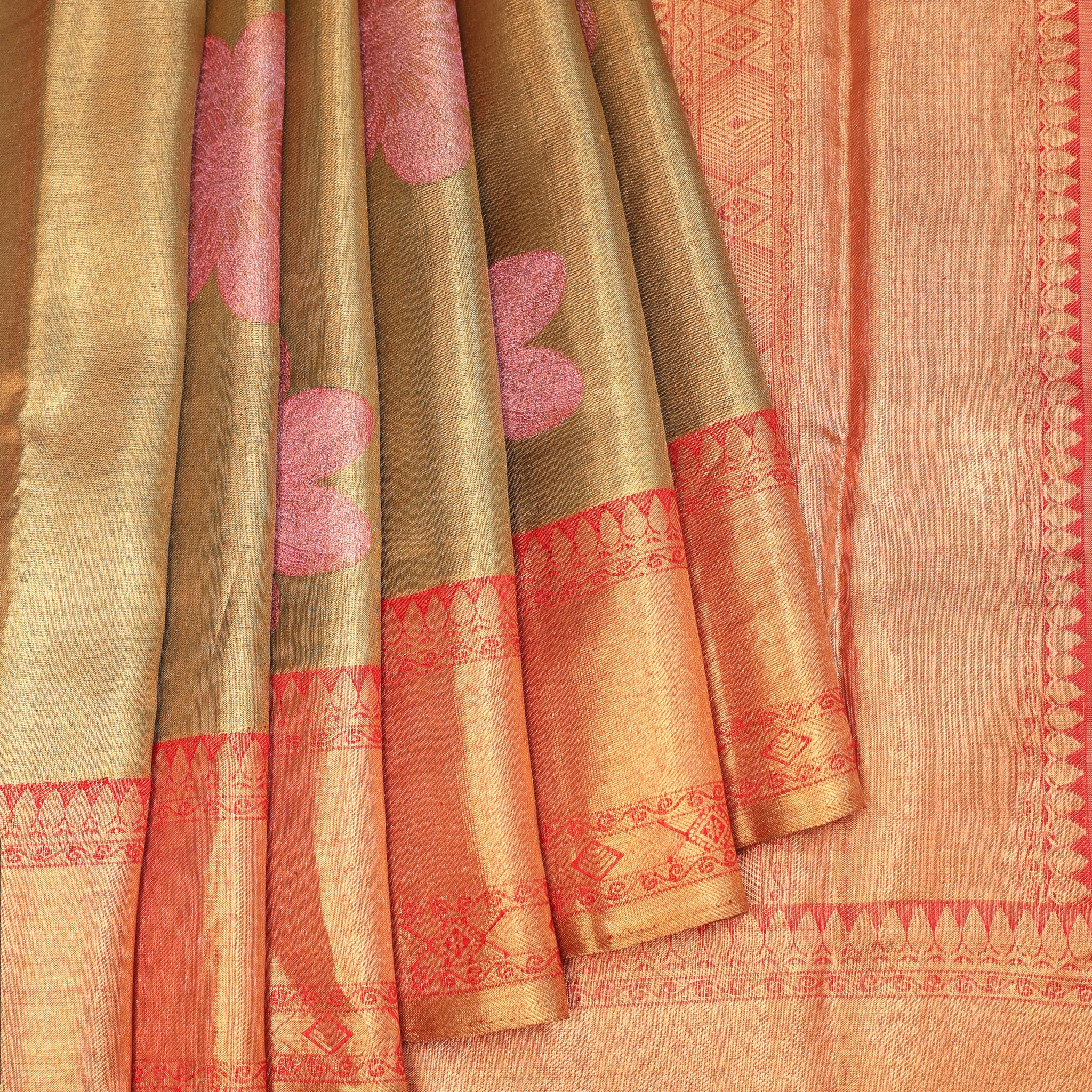 Radiant Gold Kanchipuram Tissue Silk Saree with Red Zari Border
