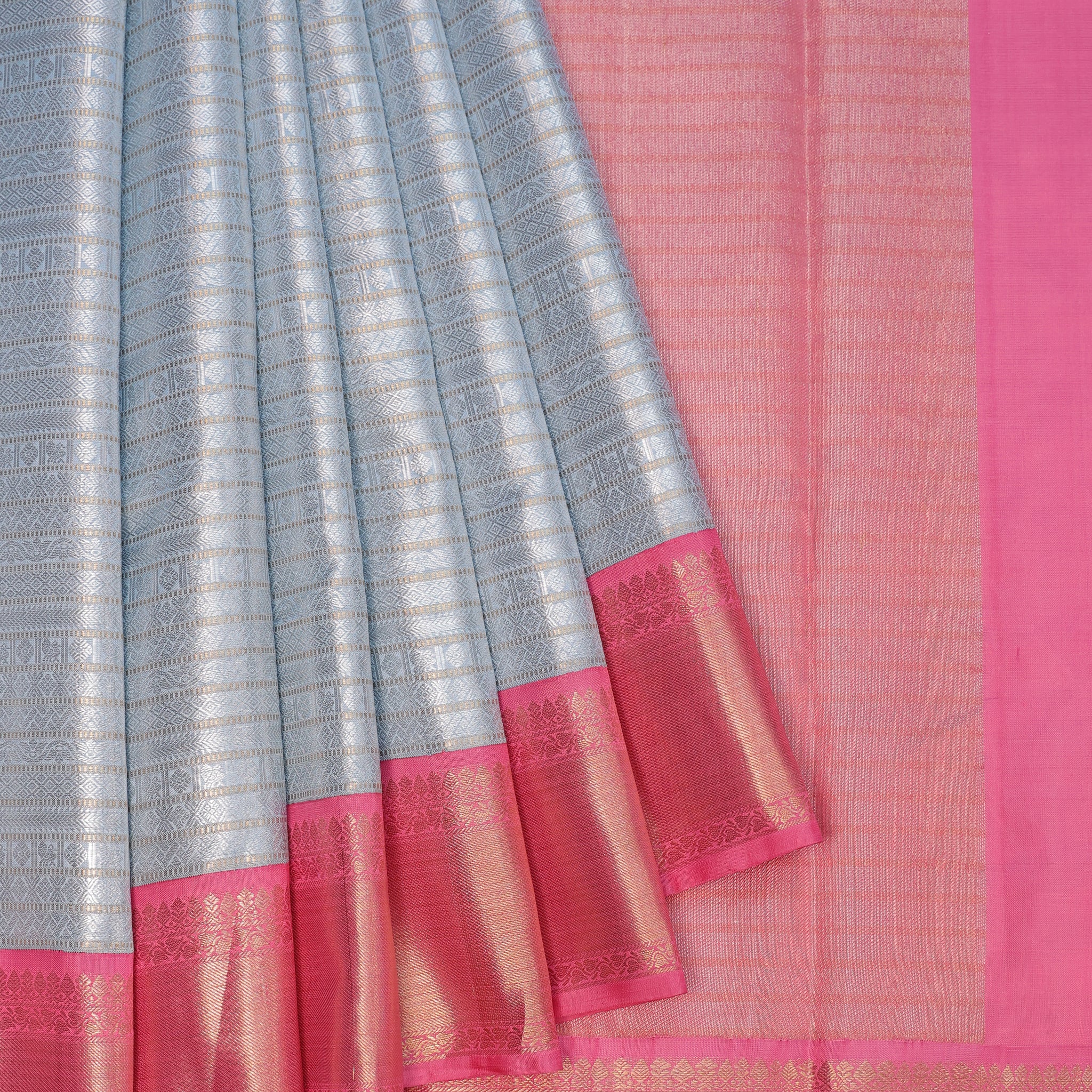 Ash Kanchipuram Silk Saree with Pink Kaddi Border