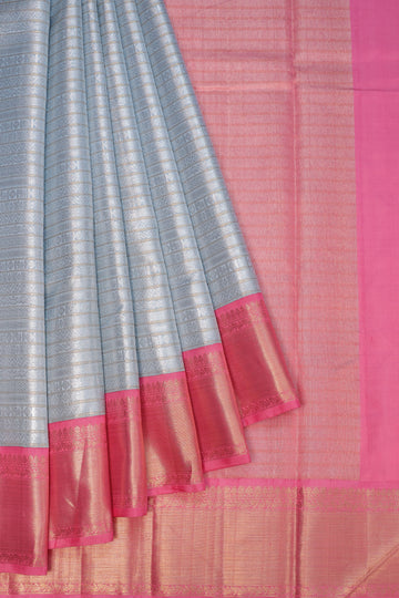 Ash Kanchipuram Silk Saree with Pink Kaddi Border