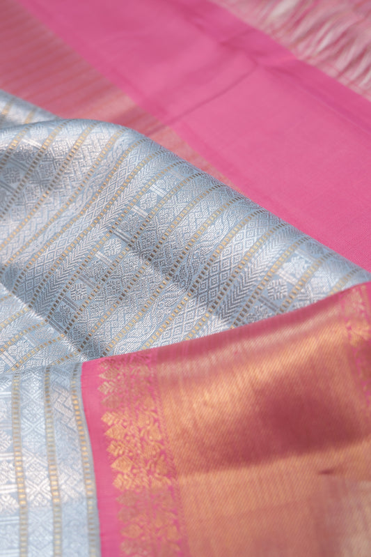 Ash Kanchipuram Silk Saree with Pink Kaddi Border