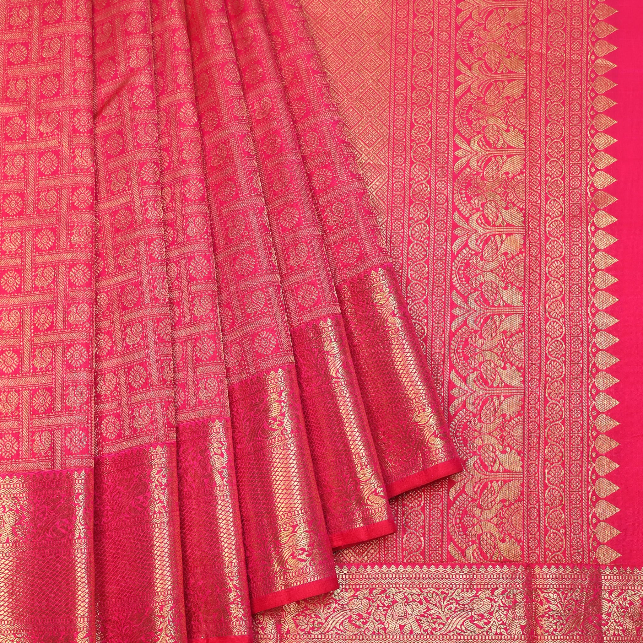 Pink Kanchipuram Silk Saree Mayil and Yanai Motifs