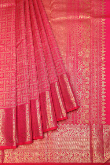 Pink Kanchipuram Silk Saree Mayil and Yanai Motifs