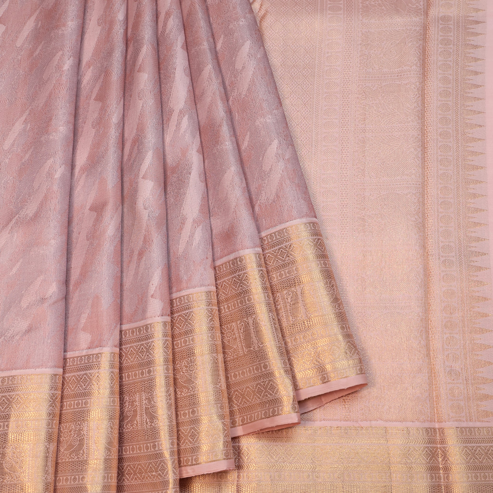 Brown Kanchipuram Silk Saree with Peach Gold Zari Border