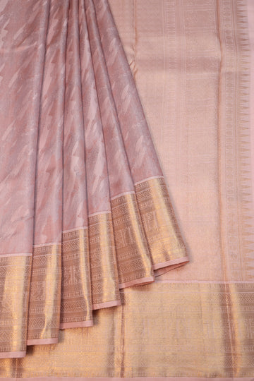 Brown Kanchipuram Silk Saree with Peach Gold Zari Border