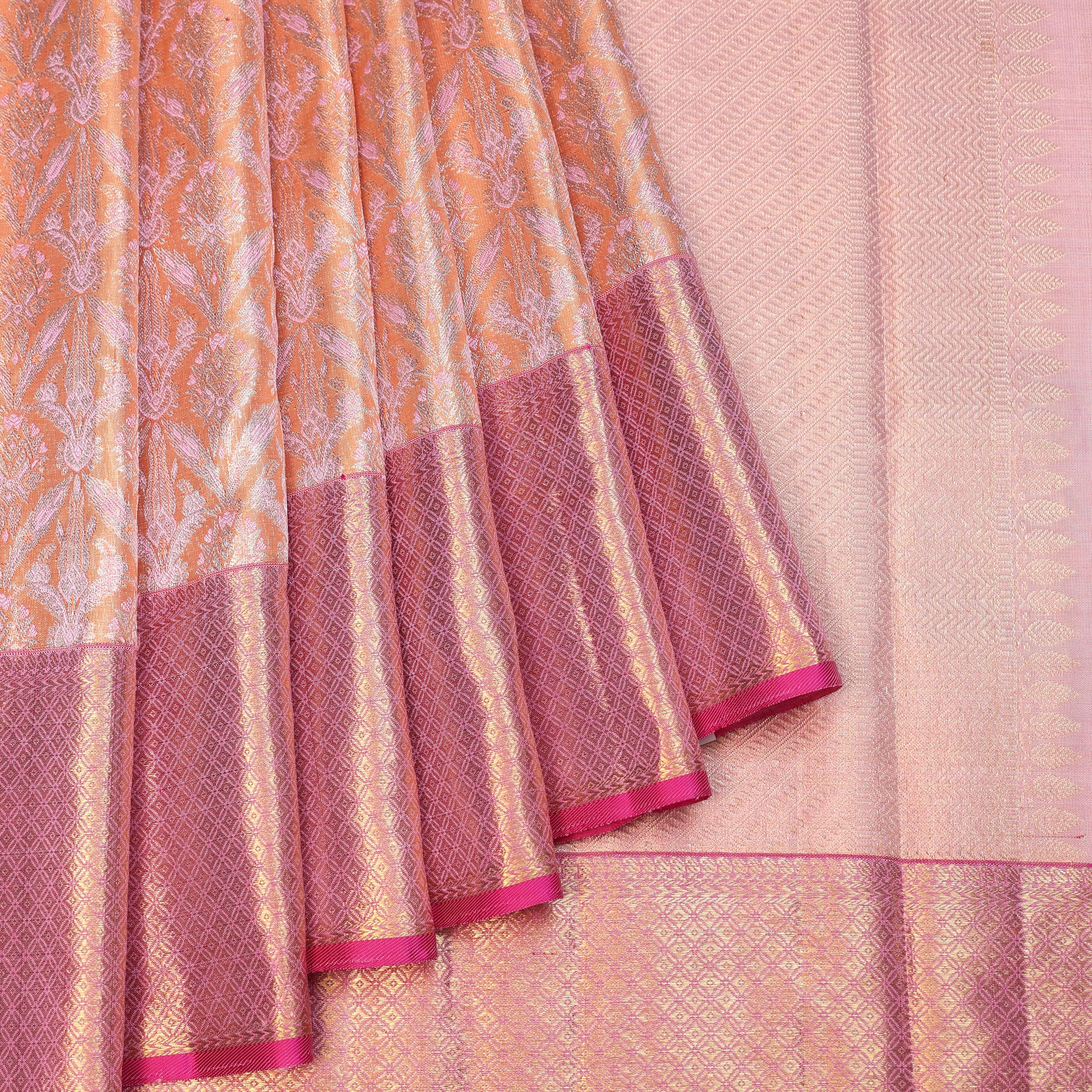 Orange Kanchipuram Silk Saree with Pink Gold Zari Border