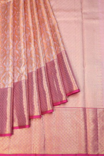 Orange Kanchipuram Silk Saree with Pink Gold Zari Border