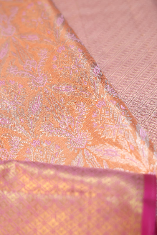 Orange Kanchipuram Silk Saree with Pink Gold Zari Border