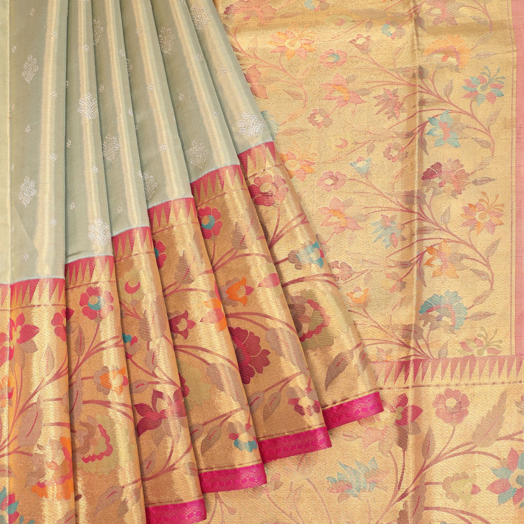 Sea Green Kanchipuram Tissue Silk Saree with Meenakari Pallu