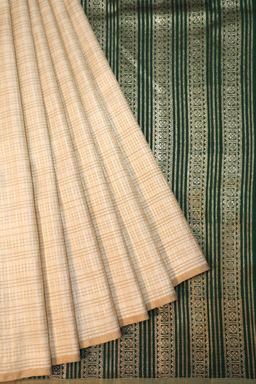 Cream Kanchipuram Silk Saree with Green Gold Zari Pallu