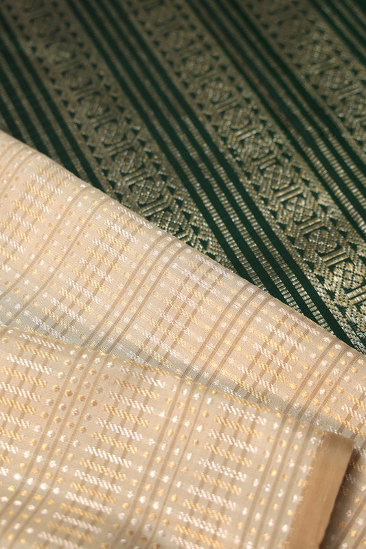 Cream Kanchipuram Silk Saree with Green Gold Zari Pallu