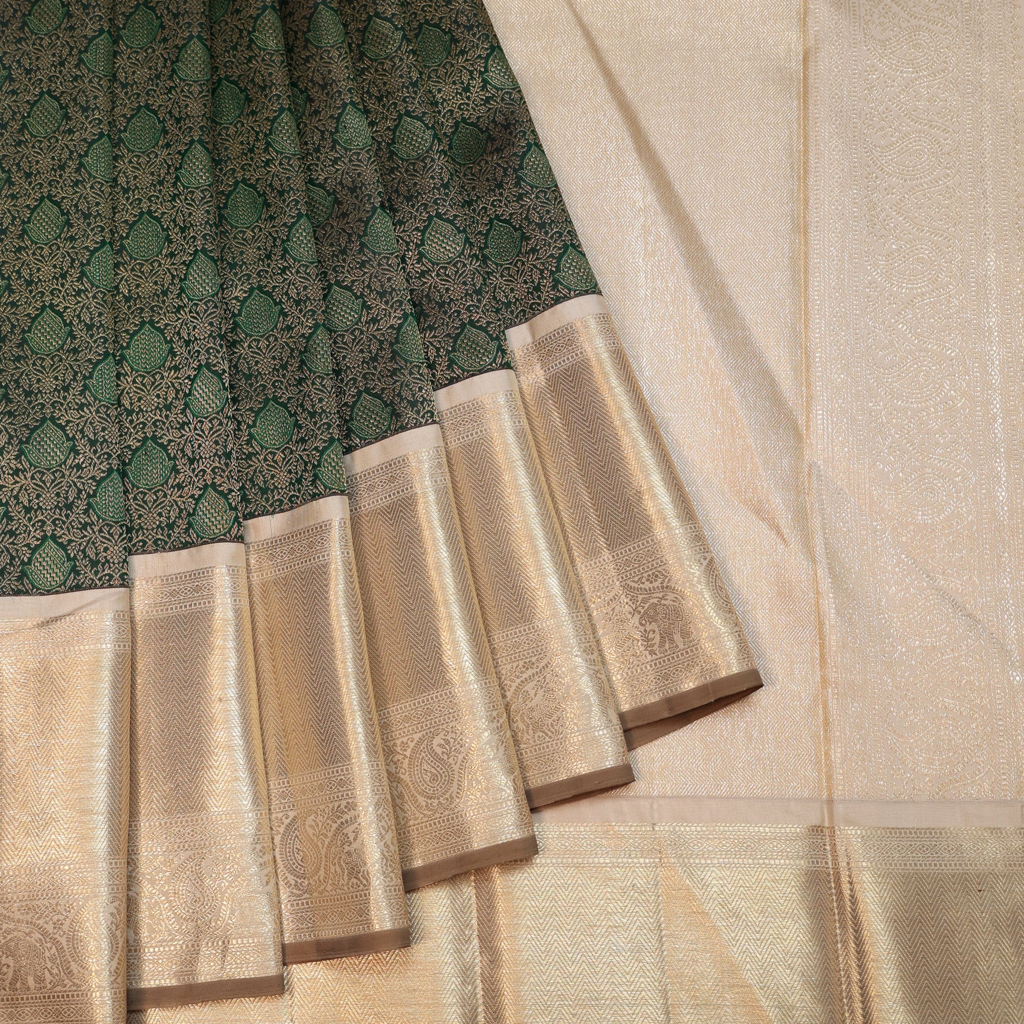 Green Kanchipuram Silk Saree with Cream Gold Zari Border