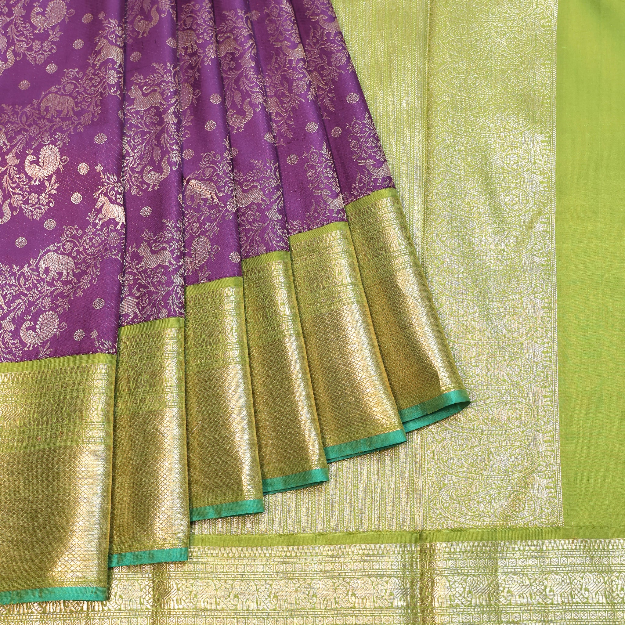 Violet Kanchipuram Silk Saree with Parrot Green Gold Zari Border