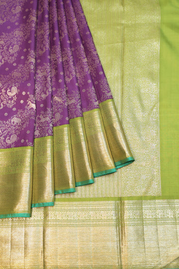 Violet Kanchipuram Silk Saree with Parrot Green Gold Zari Border