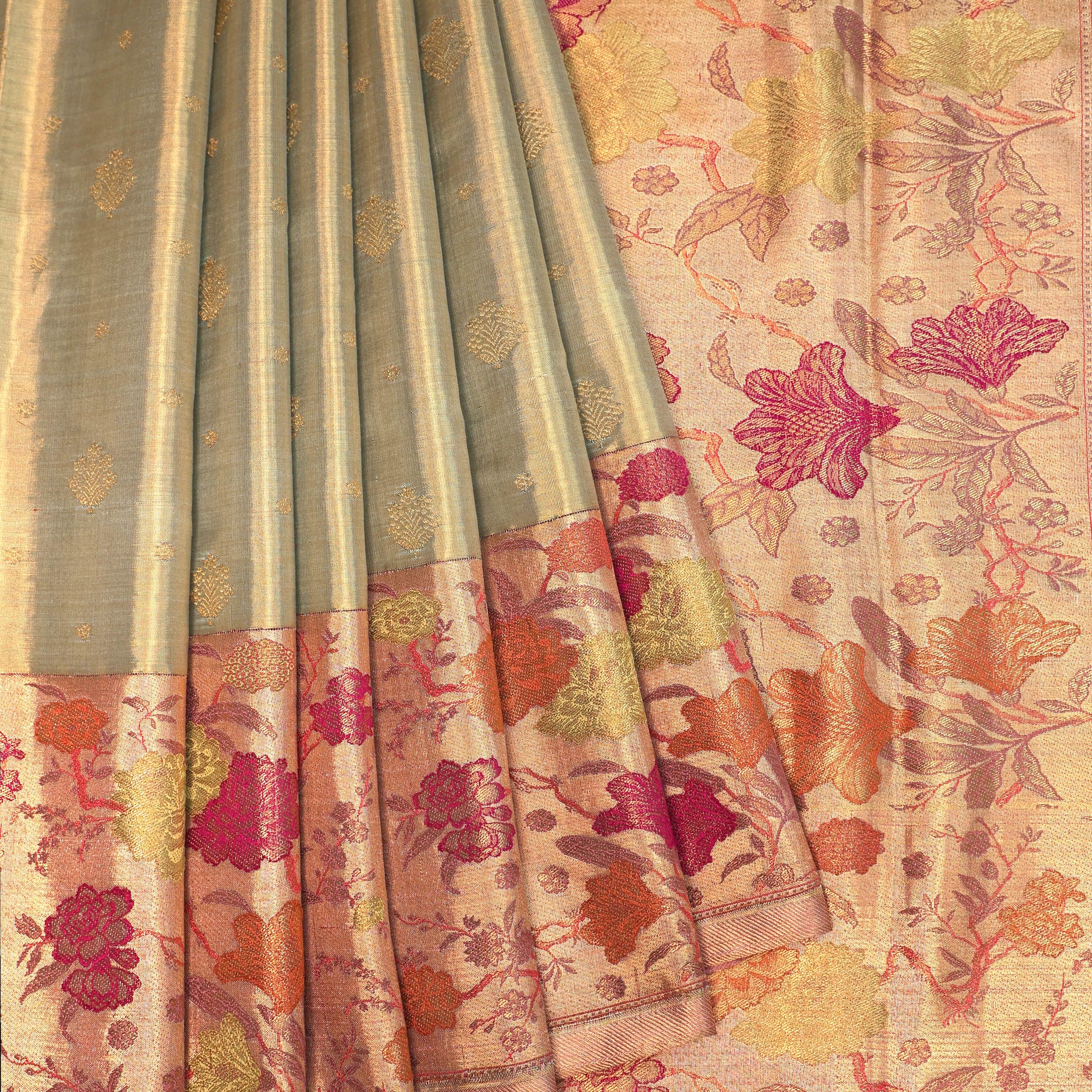 Pista Green Kanchipuram Tissue Silk Saree with Gold Meenakari Pallu