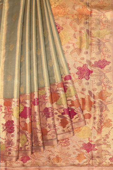 Pista Green Kanchipuram Tissue Silk Saree with Gold Meenakari Pallu