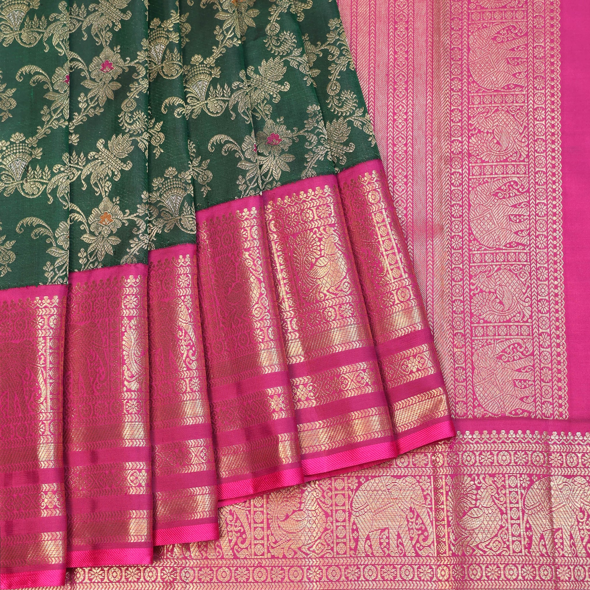 Green Kanchipuram Silk Saree with Yanai & Mayil Motif Border