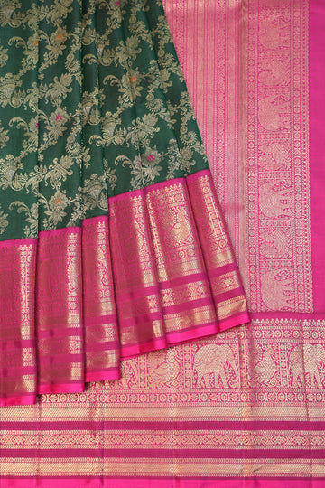 Green Kanchipuram Silk Saree with Yanai & Mayil Motif Border