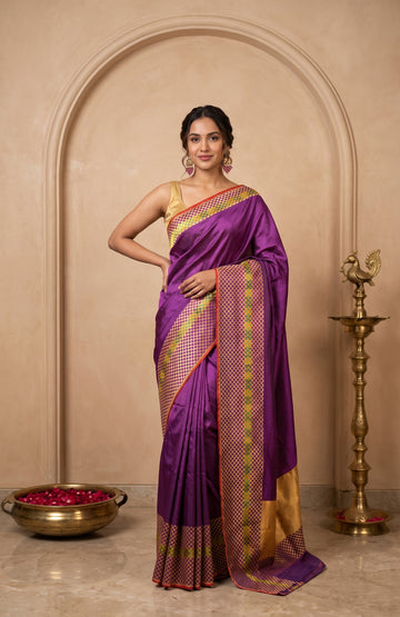 Violet Banaras Katan Silk Saree with Parrot Motifs