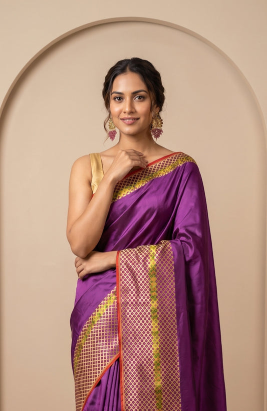 Violet Banaras Katan Silk Saree with Parrot Motifs