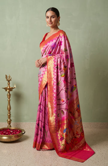 Pink Paithani Silk Saree with Enchanting Bird Motifs