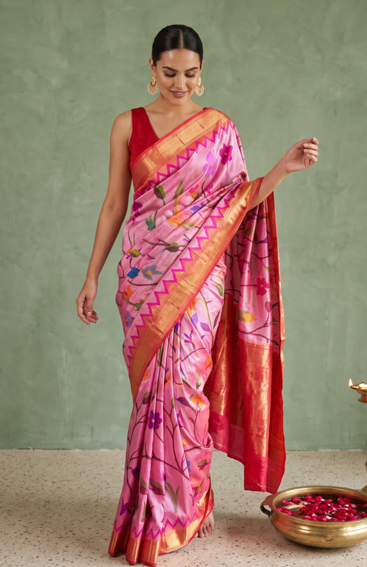 Pink Paithani Silk Saree with Enchanting Bird Motifs