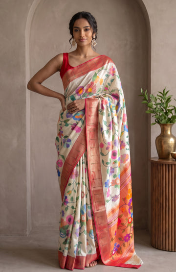 Off -White Paithani Silk Saree with Muniya Butta Pallu