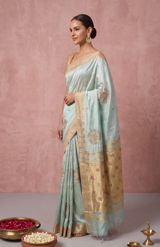 Pista Green Paithani Silk Saree with Embroidered Flower Motifs