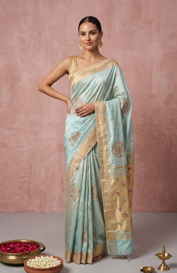 Pista Green Paithani Silk Saree with Embroidered Flower Motifs