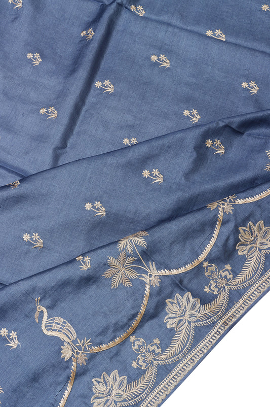 Indigo Blue Tussar Silk Saree wirh Thread Work and Floral Butta
