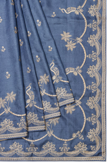Indigo Blue Tussar Silk Saree wirh Thread Work and Floral Butta