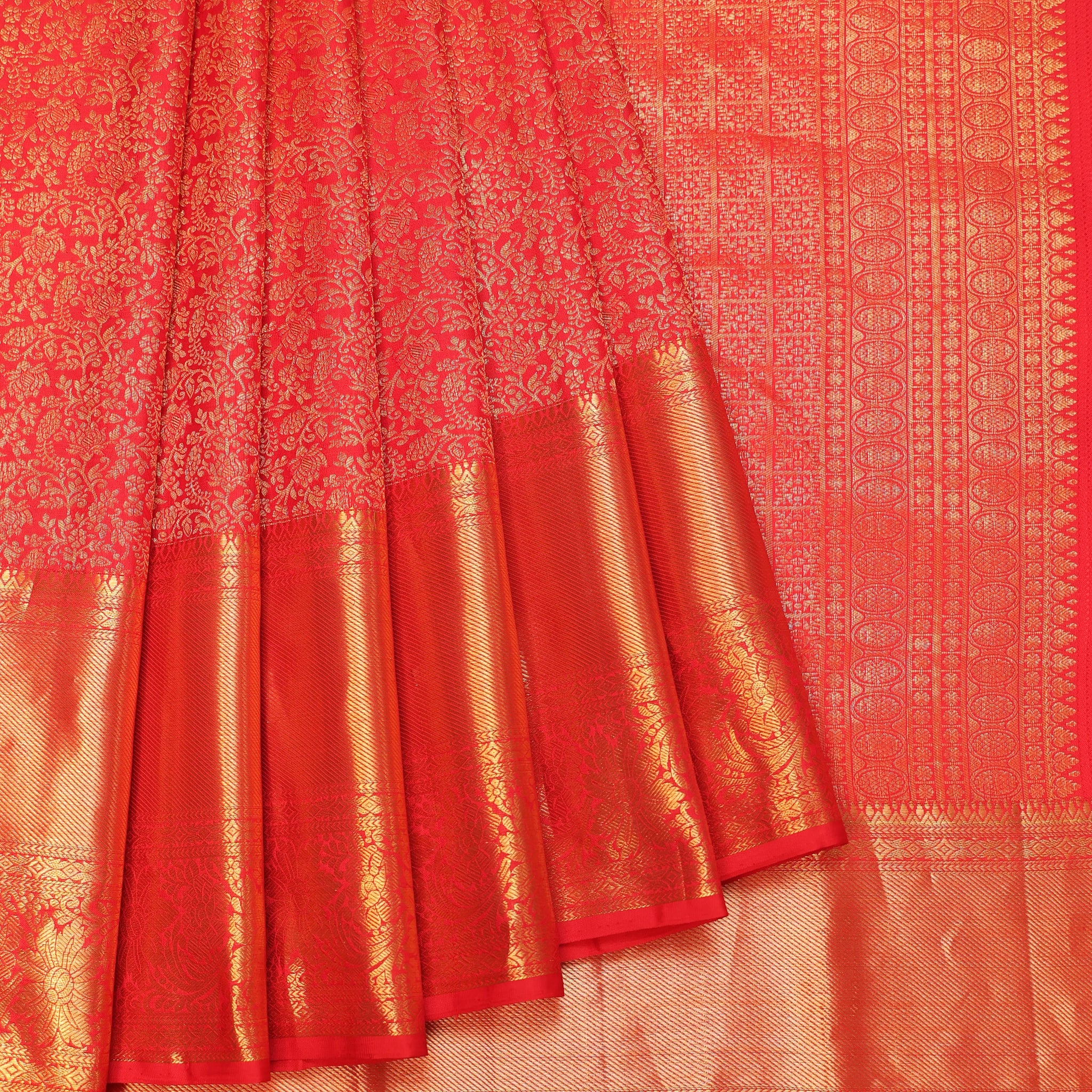 Red Kanchipuram Silk Saree with Gold Zari Floral Jaal
