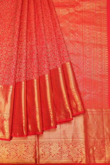 Red Kanchipuram Silk Saree with Gold Zari Floral Jaal