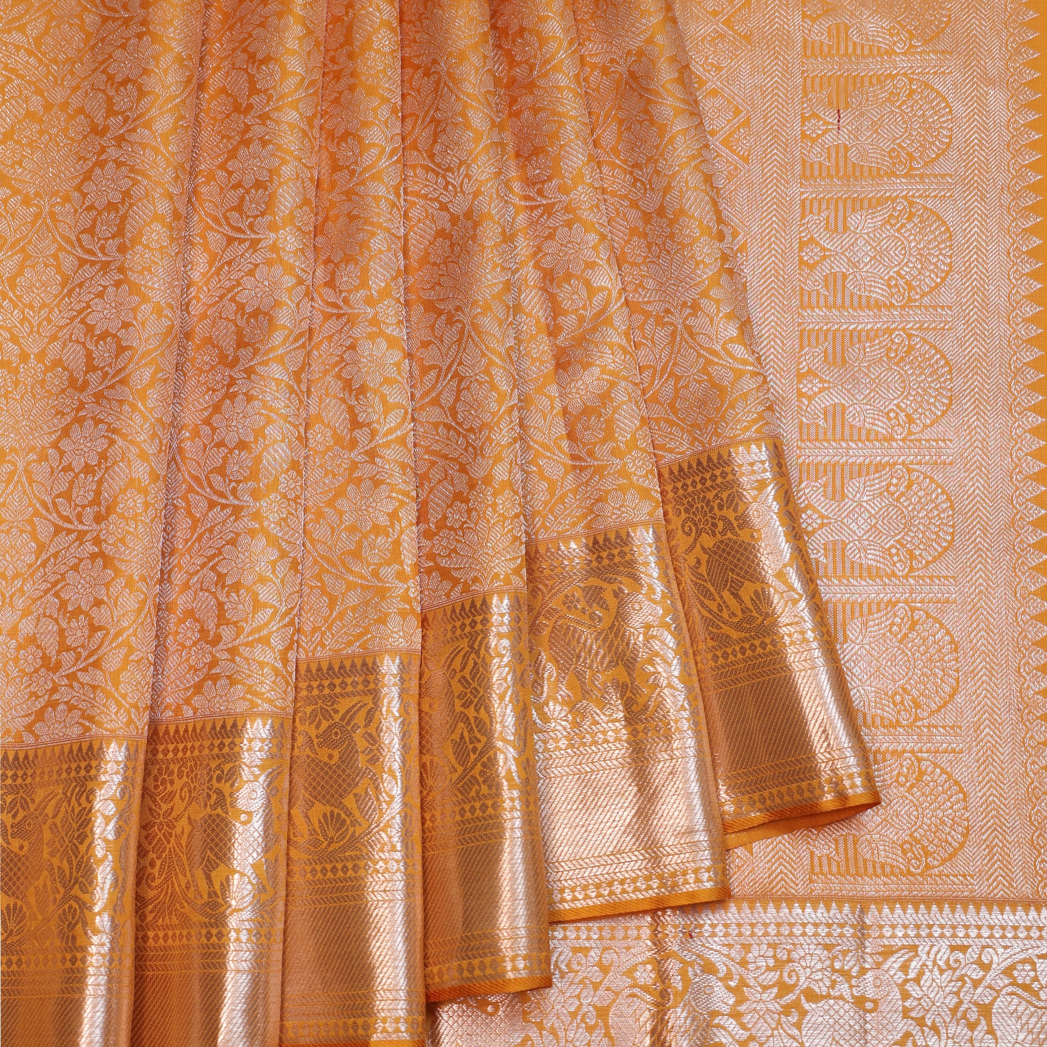 Mustard Kanchipuram Silk Saree with Silver Zari Floral Jaal