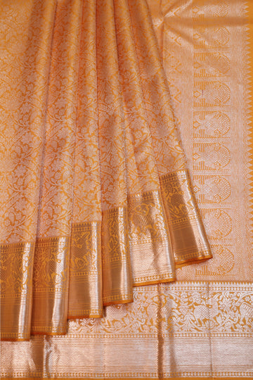 Mustard Kanchipuram Silk Saree with Silver Zari Floral Jaal