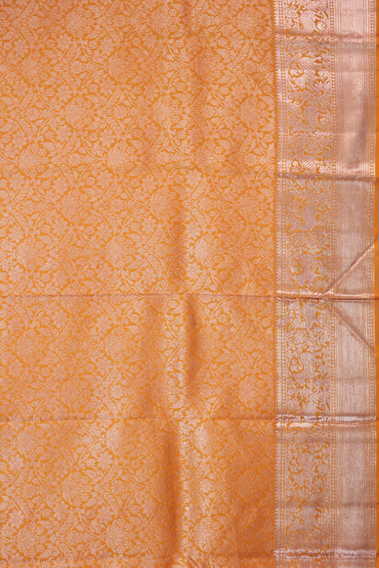 Mustard Kanchipuram Silk Saree with Silver Zari Floral Jaal
