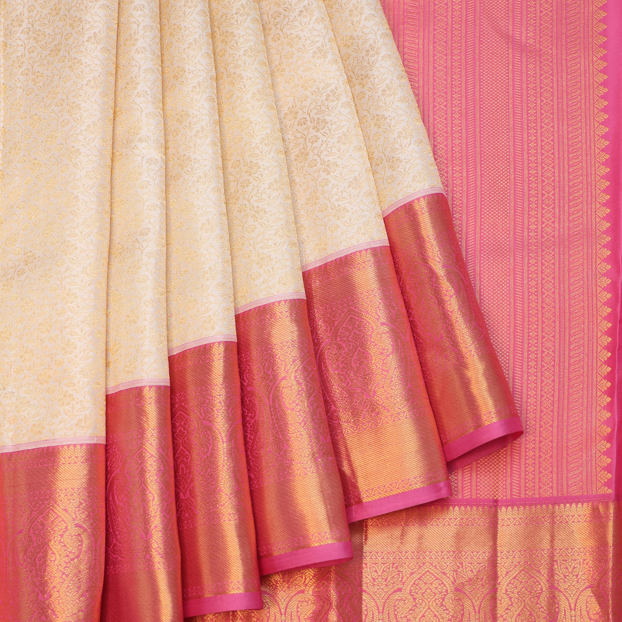 Cream Kanchipuram Silk Saree with Pink Paisley Border