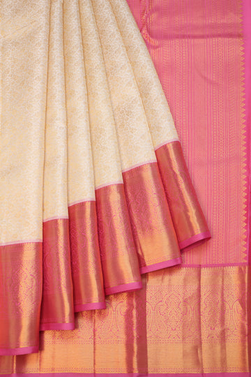 Cream Kanchipuram Silk Saree with Pink Paisley Border