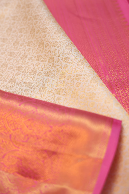 Cream Kanchipuram Silk Saree with Pink Paisley Border