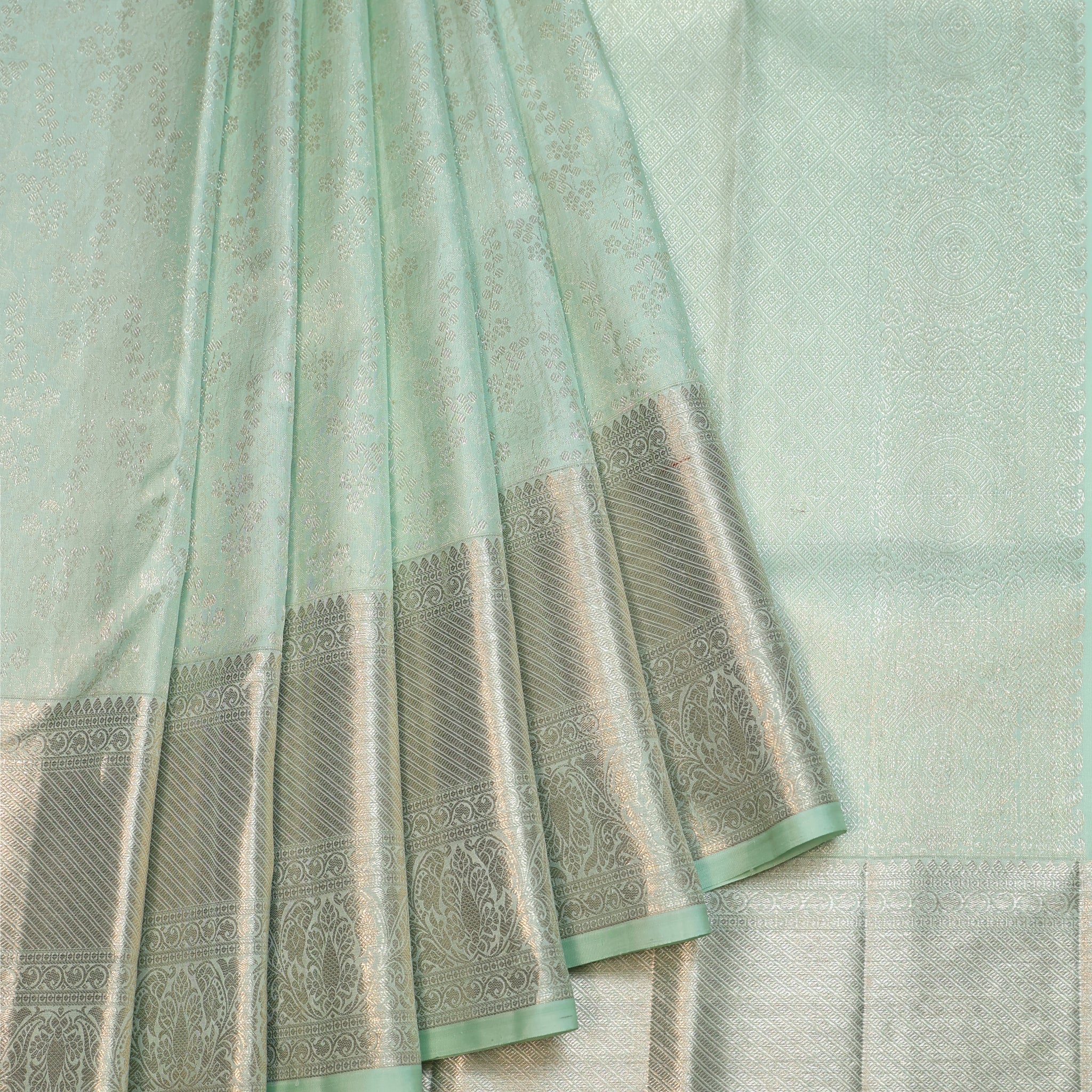 Sea Green Kanchipuram Silk Saree with Silver Twill Border