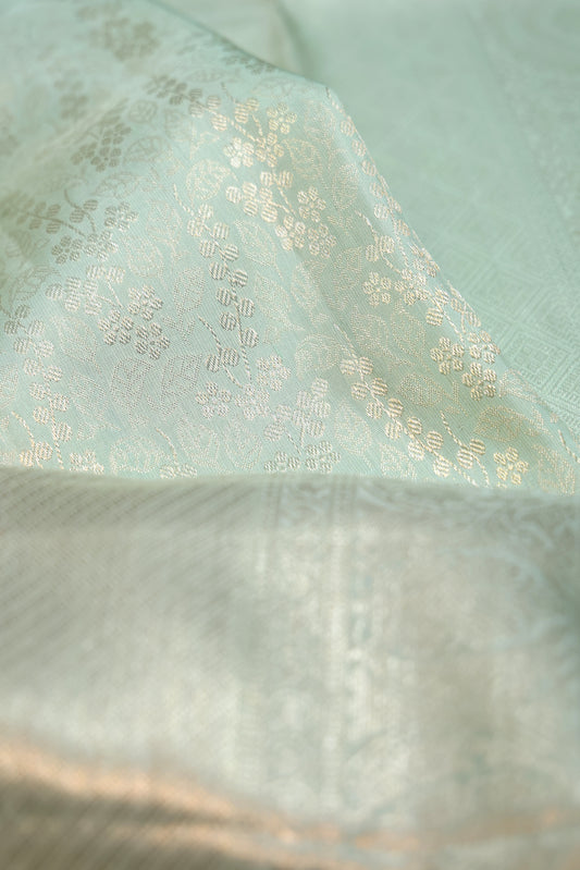 Sea Green Kanchipuram Silk Saree with Silver Twill Border