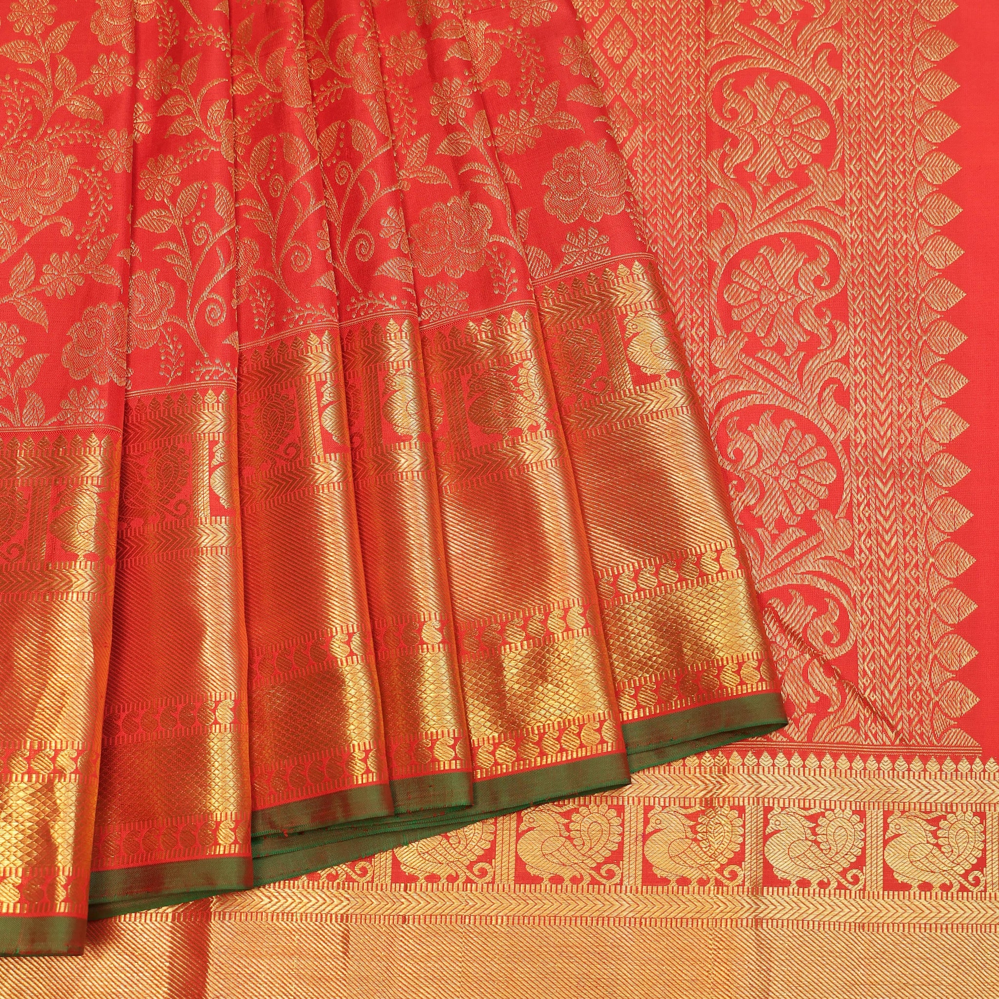 Red Kanchipuram Silk Saree with Gold Zari Floral Jaal